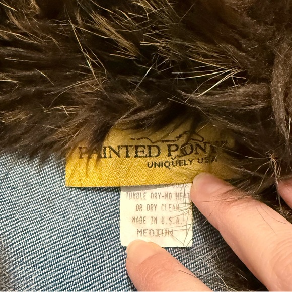 Painted Pony Vintage Blue Denim Jacket Faux Fur Collar Cuffs USA Made M - Picture 3 of 6